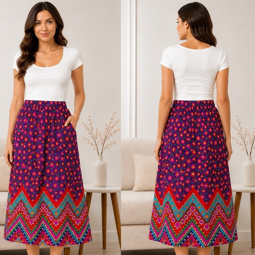 Alex Colman Maxi Skirt Vintage Small Multicolor Floral Zig Zag Boho 70s Hippie